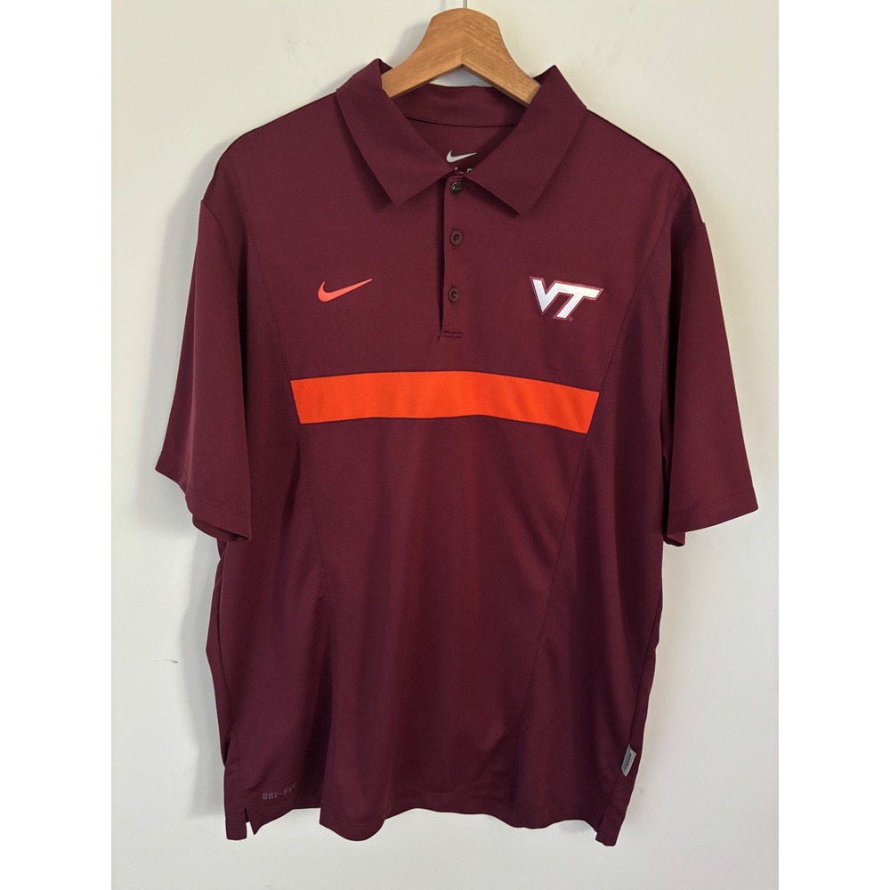 Nike Virginia Tech Hokies Dri-FIT Polo Shirt Mens Large Maroon Orange VT Logo